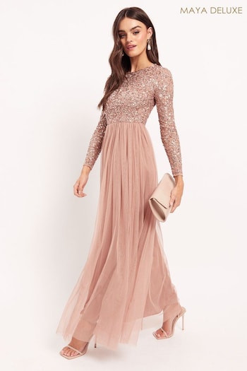 Maya Pink Embellished Long Sleeve Maxi Dress (R01756) | £95