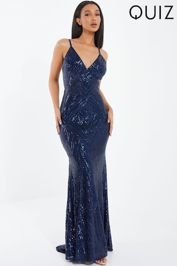Quiz Blue Sequin V - Neck Strap Fishtail Maxi Dress (R02540) | £100