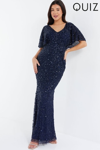 Quiz Navy Blue Sequin V Neck Batwing Maxi Dress (R05030) | £125