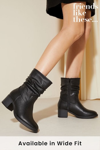 Friends Like These Black Regular Fit Low Block Heel Ruched Boot (R05480) | £48