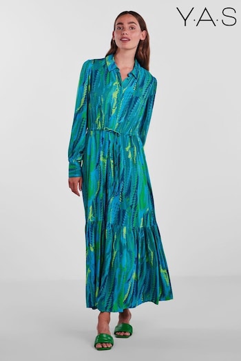 Y.A.S Blue Premium Printed Maxi Shirt Dress Green With Belt (R06420) | £75