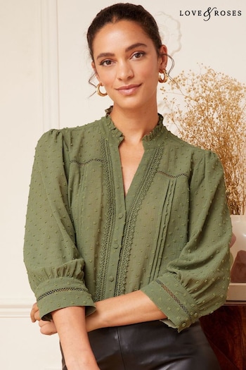 Jumpers & Knitwear Khaki Dobby Lace Trim 3/4 Sleeve Button Through Blouse (R09045) | £36