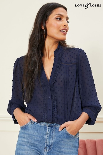 All Party Decorations Navy Dobby Spot Lace Trim 3/4 Sleeve Button Through Blouse (R09046) | £36