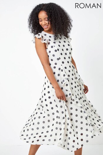 Roman White & Black Petite Polka Dot Ruffle Midi Dress (R10597) | £55