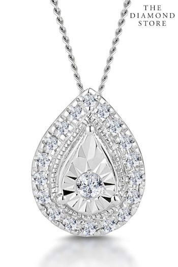 The Diamond Store White 0.10ct Masami Pear Halo Necklace Pave Set in 9K White Gold (R10620) | £249