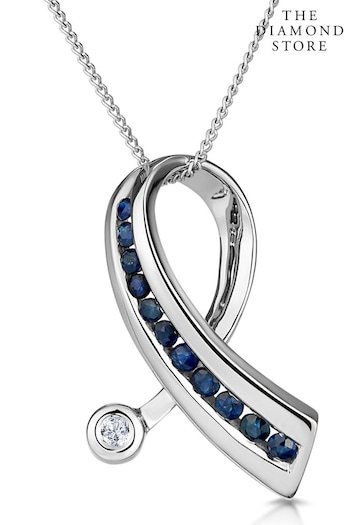 The Diamond Store Saphire And Diamond 0.02CT Ribbon Pendant Necklace in 9K White Gold (R10627) | £319