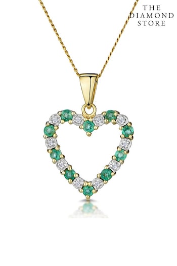 The Diamond Store Emerald 0.54CT And Diamond Heart Pendant Necklace in 9K Yellow Gold (R10628) | £239