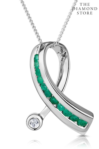 The Diamond Store Emerald And Diamond 0.02CT Ribbon Pendant Necklace in 9K White Gold (R10631) | £299