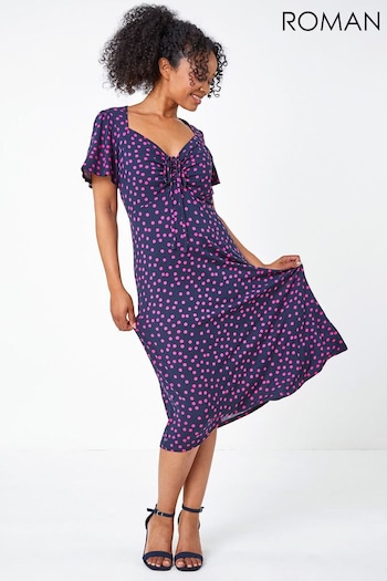 Roman Blue & Pink Petite Polka Dot Ruched Stretch Dress Nice (R14043) | £40