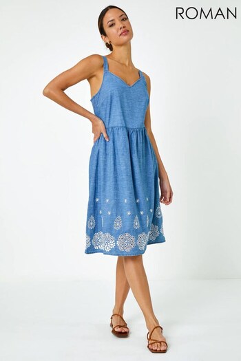 Roman Blue Cotton Denim Look Broderie Dress (R16462) | £42