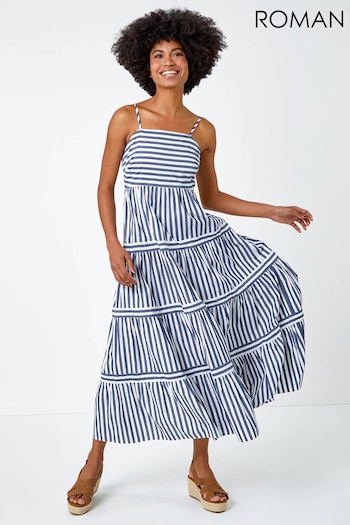Roman Blue & White Cotton Stripe Tiered Maxi Dress (R16463) | £48