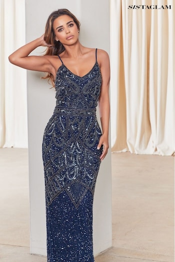 Sistaglam Navy Blue Heavy Embellished Sequin and Beaded Cami Maxi Dress (R19676) | £145