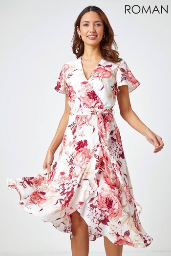 Roman Pink & White Floral Print Wrap Midi Dress (R19915) | £50