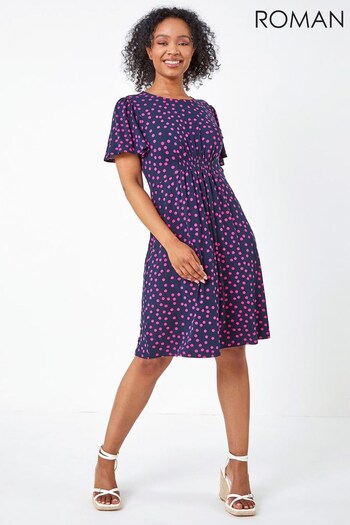 Roman Navy Blue & Purple Petite Polka Dot Stretch Tea Dress (R20698) | £38