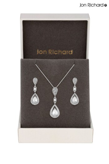 Jon Richard Silver Plated Clear Crystal Pave 3 Tier Pear Drop Necklace & Earring Matching Set (R22416) | £35