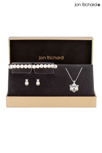 Jon Richard Silver Plated Clear Crystal Pearl And Crystal Cluster Trio Necklace, Bracelet and Earring Matching Set (R22417) | £30