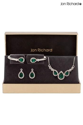 Jon Richard Silver Plated Green Blue Crystal Pear And Pave Necklace Bracelet and Earring Set (R22419) | £30