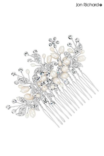 Jon Richard Silver Plated Pave Leaf And Freshwater Pearl Spray Comb - Gift Pouch (R22562) | £35