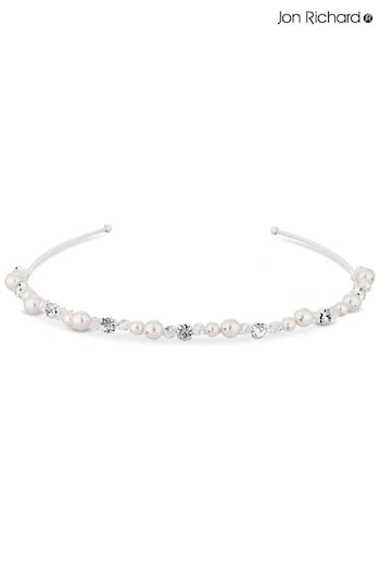 Jon Richard Silver Plated Silver Plated Clear Crystal Poppy Pearl And Crystal Bead Headband - Gift Pouch (R22666) | £25