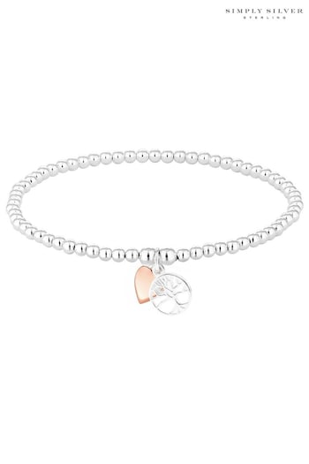 Simply Silver Sterling Silver 925 and Rose Polished Mini Tree Of Life and Heart Stretch Bracelet (R23490) | £35