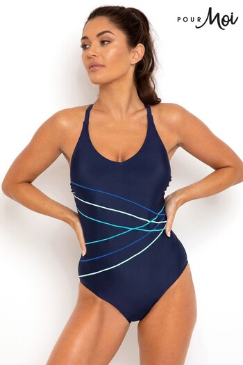 Pour Moi Blue Energy Chlorine Resistant Recycled V Neck Linear Swimsuit (R23673) | £21