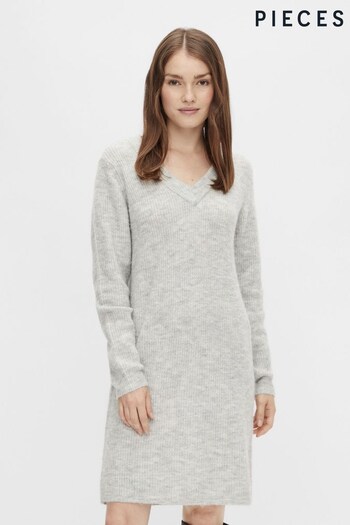 PIECES Grey Long Sleeve V Neck Knitted Jumper Dress (R23881) | £30