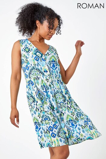 Roman Green & Blue Petite Aztec Print Tunic cargo-pocket Shirt Dress (R24627) | £38