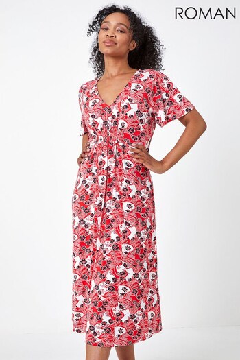 Roman Red Petite Floral Stretch Midi Dress (R24628) | £40