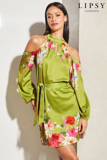 Lipsy Green Floral Long Sleeve Cold Shoulder Belted Mini Elastic Dress (R29317) | £60