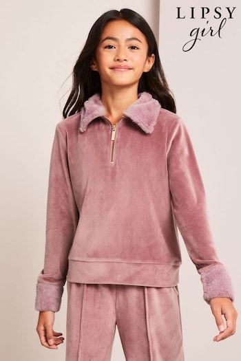 Lipsy Pink Velour Faux Fur Collar Half Zip Sweatshirt (R30334) | £19 - £27