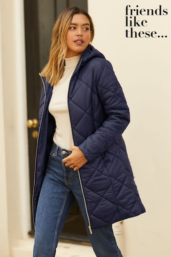 Friends Like These Navy Blue Longline Hooded Quilted Padded Coat (R38307) | £60