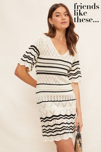 Friends Like These Black/White V Neck Short Sleeve Crochet Dress (R38937) | £40