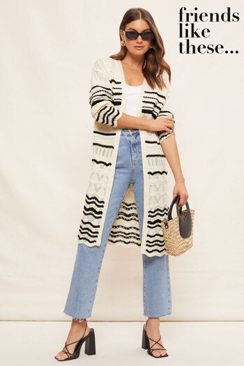 Friends Like These Black / White Crochet Long Sleeve Maxi Cardigan (R38938) | £39