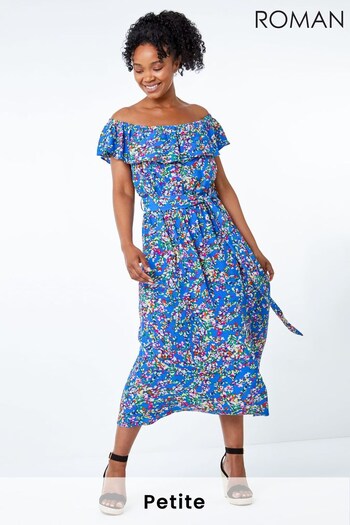 Roman Blue Petite Ditsy Floral Print Bardot Dress (R39494) | £45