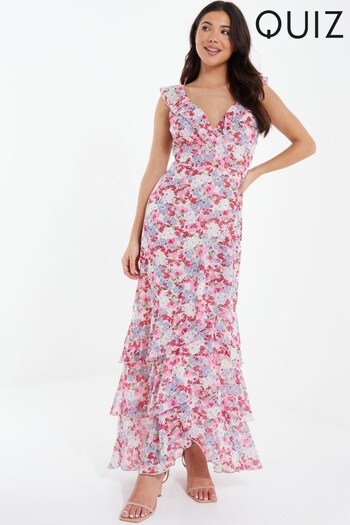Quiz Pink Multi Chiffon Floral Tiered Hem Maxi Dress (R39796) | £50
