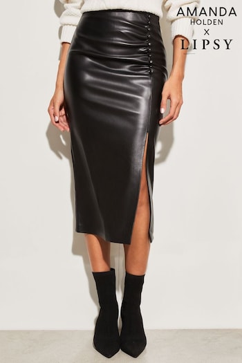Lipsy Black Faux Leather Ruched Split Midi Skirt (R42147) | £48
