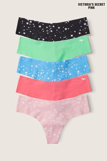 Victoria's Secret PINK Black/Blue/Pink/Green Star Thong Smooth No Show Knickers 5 Pack (R48665) | £25