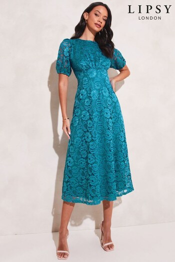 Lipsy Blue Short Sleeve Lace Underbust Midi Dress (R52091) | £65