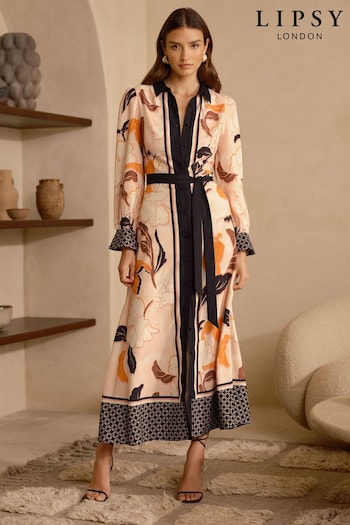 Lipsy Pink Printed Belted Long Sleeve Sleeve Maxi Shirt Sleeveless Dress (R52259) | £54