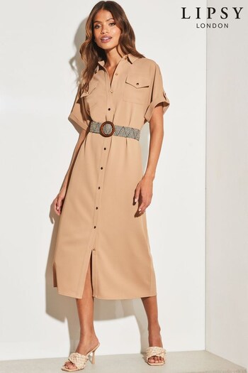 Lipsy Camel Short Sleeve Twill Rafia Belted Shirt Dress (R52260) | £58