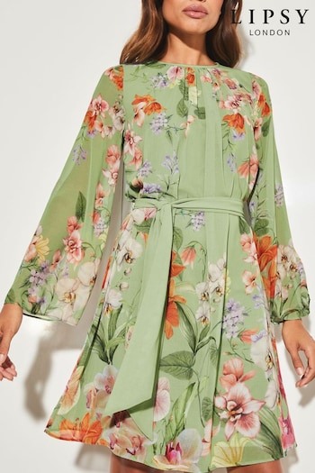 Lipsy Sage Floral Long Flared Sleeve Round Neck Belted Shift Dress closed (R52266) | £58