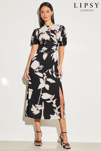 Lipsy Black/White Floral Jersey Short Sleeve Keyhole Ruched Midi Dress (R52267) | £48