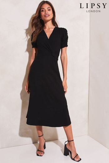 Lipsy Black Petite Jersey Short Ruched Sleeve Knot Side Midi Dress (R52345) | £44