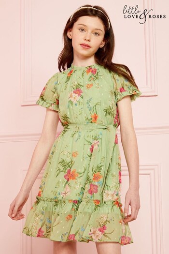 Love & Roses Green Floral Metallic Printed Angel Sleeve Dress (R52354) | £40 - £48