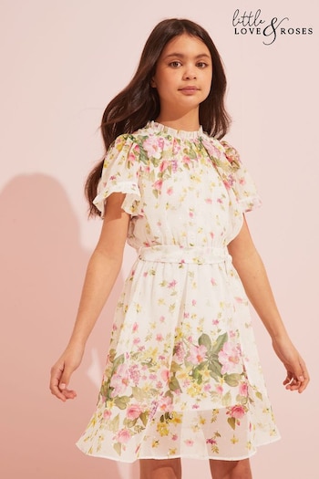 Thinking of You White Floral Metallic Printed Angel Sleeve Dress (R52355) | £42 - £50
