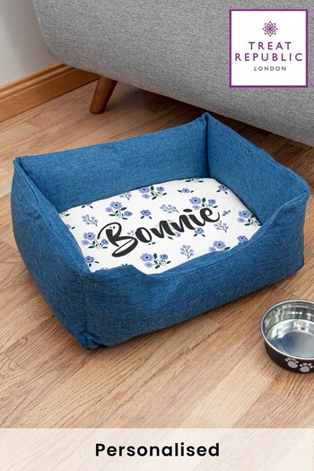 Personalised Small Blue Dog Bed with Blue Floral Design by Treat Republic (R52375) | £49