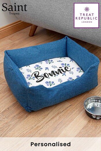 Personalised Large Blue Dog Bed with Blue Floral Design by Treat Republic (R52376) | £59