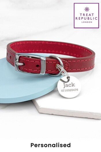 Personalised Classic Red Leather Dog Collar with Tag by Treat Republic (R52468) | £29