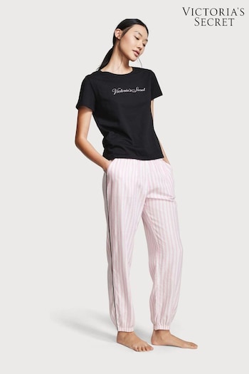 Victoria's Secret Pink Iconic Stripe Short Sleeve T-Shirt Flannel Pyjamas (R54822) | £45 - £49