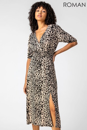 Roman Brown Animal Print Midi Wrap Dress (R56834) | £38